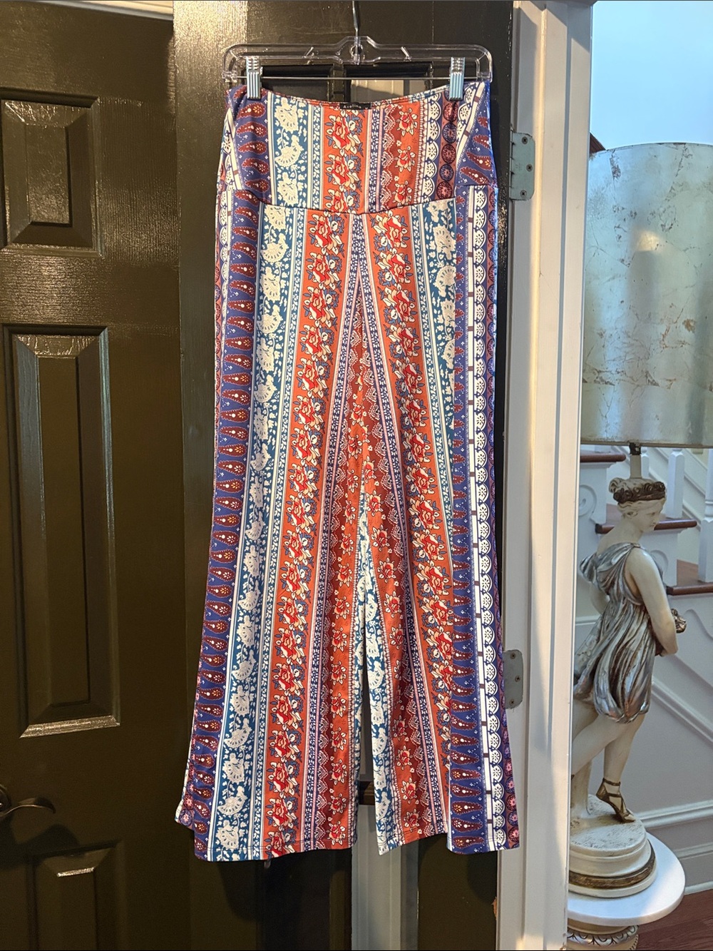 Printed Wide-Leg Boho Pants in Red, Blue & White